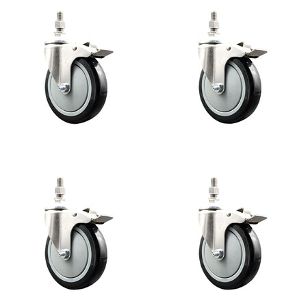 Service Caster 5 Inch 316SS Black Polyurethane Wheel Swivel 3/8 Inch Stem Caster Set Lock Brake SS316TSTTL20S514-PPUB-BLK-381615-4